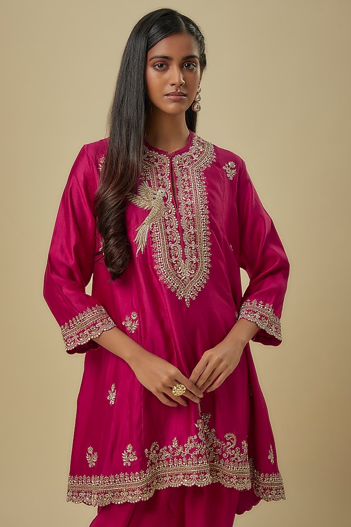 Pink Silk Zardosi Embroidered Tunic Set by Jayanti Reddy at Pernia's Pop Up Shop