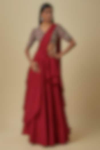 Red Silk Pre-Draped Saree Set by Jayanti Reddy at Pernia's Pop Up Shop