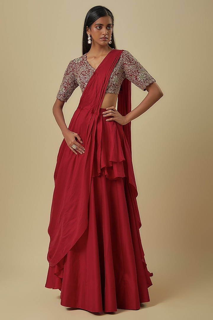 Red Silk Pre-Draped Saree Set by Jayanti Reddy at Pernia's Pop Up Shop
