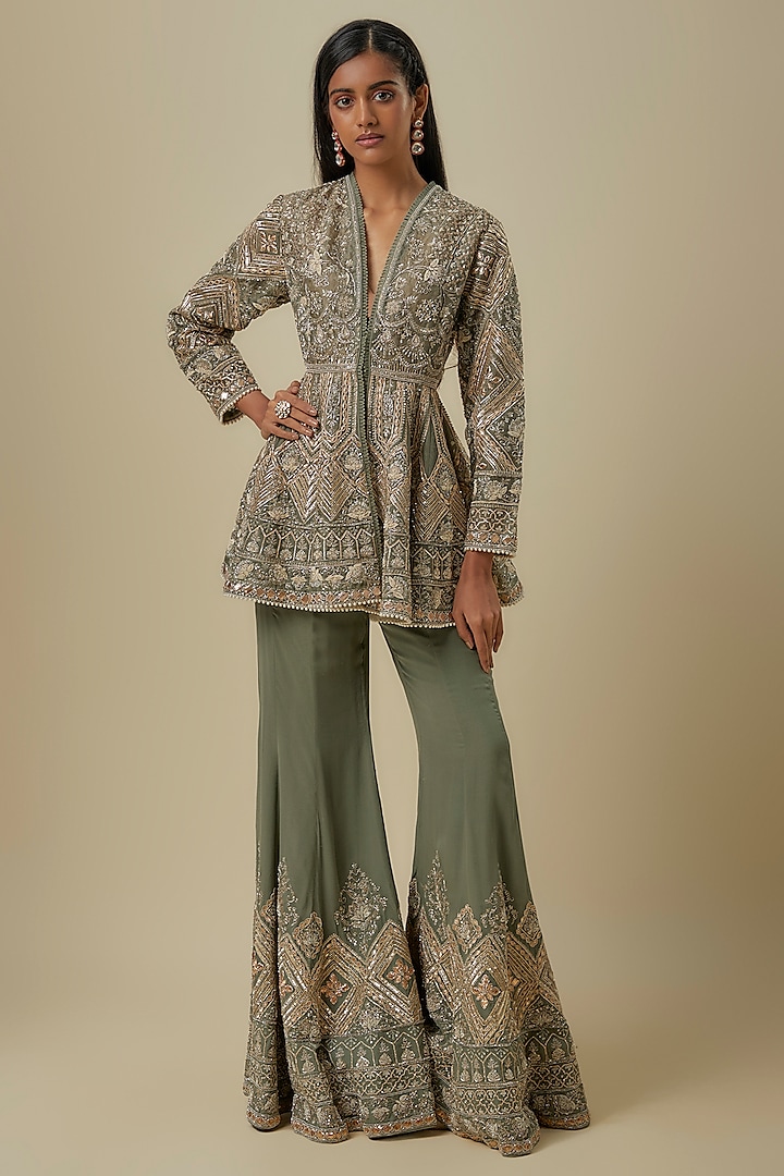 Green Georgette Zardosi Embroidered Sharara Set by Jayanti Reddy at Pernia's Pop Up Shop