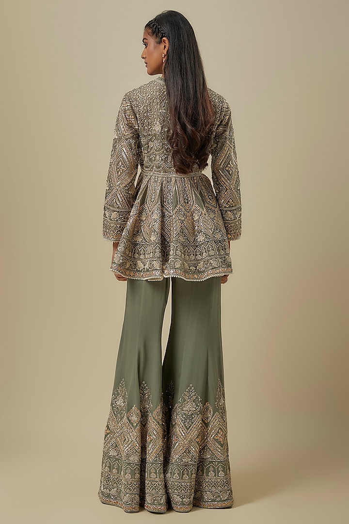 Green Georgette Zardosi Embroidered Bridal Sharara Set by Jayanti Reddy at Pernia's Pop Up Shop