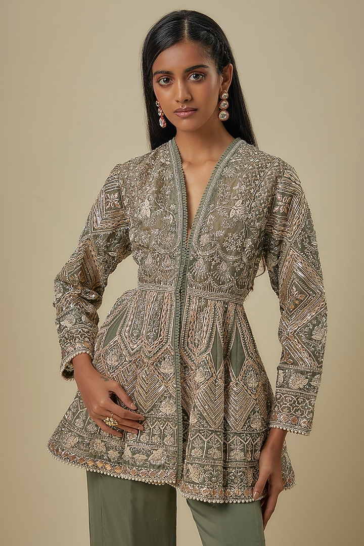 Green Georgette Zardosi Embroidered Bridal Sharara Set by Jayanti Reddy at Pernia's Pop Up Shop