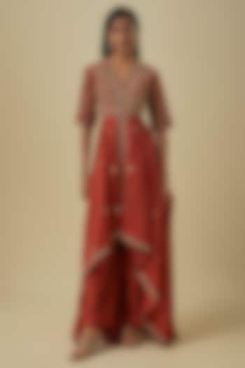 Rust Silk Zardosi Embroidered Wedding Anarkali Set by Jayanti Reddy at Pernia's Pop Up Shop