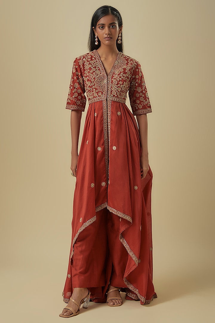 Rust Silk Zardosi Embroidered Wedding Anarkali Set by Jayanti Reddy at Pernia's Pop Up Shop