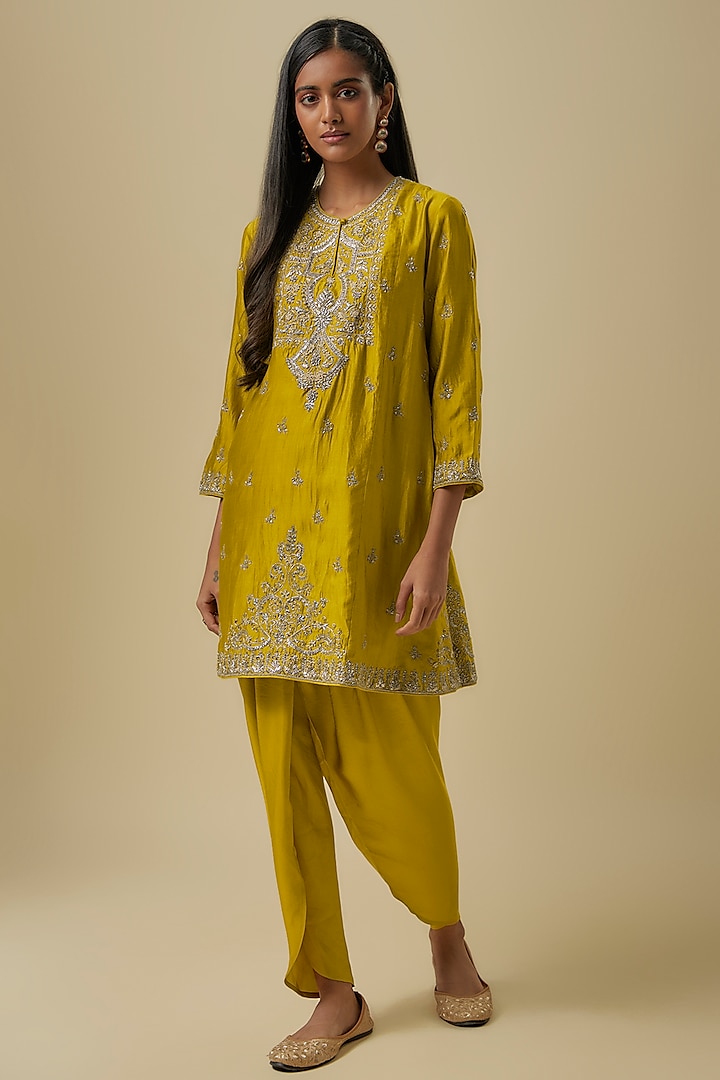 Yellow Silk Zardosi Embroidered Tunic Set by Jayanti Reddy at Pernia's Pop Up Shop