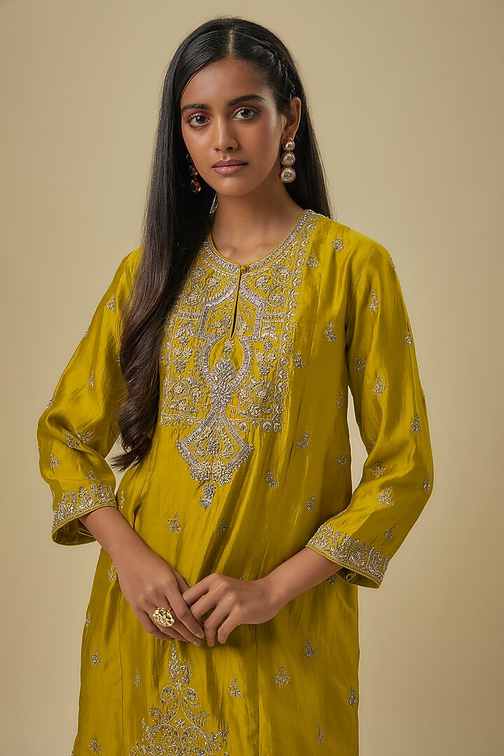 Yellow Silk Zardosi Embroidered Tunic Set by Jayanti Reddy at Pernia's Pop Up Shop