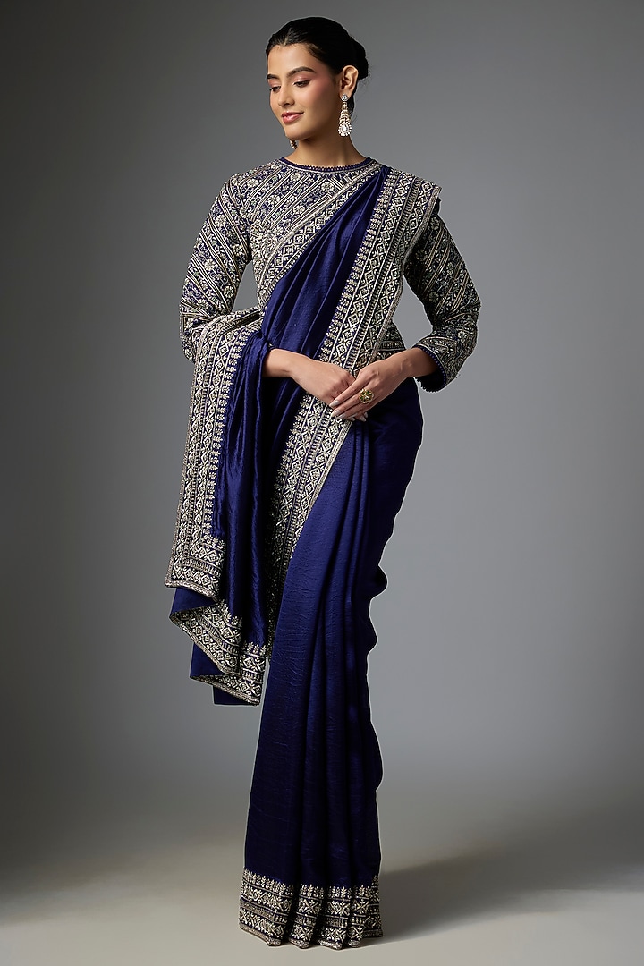 Purple Silk Embroidered Bridal Saree Set by Jayanti Reddy at Pernia's Pop Up Shop