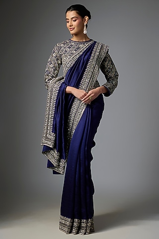 Purple Silk Embroidered Saree Set by Jayanti Reddy