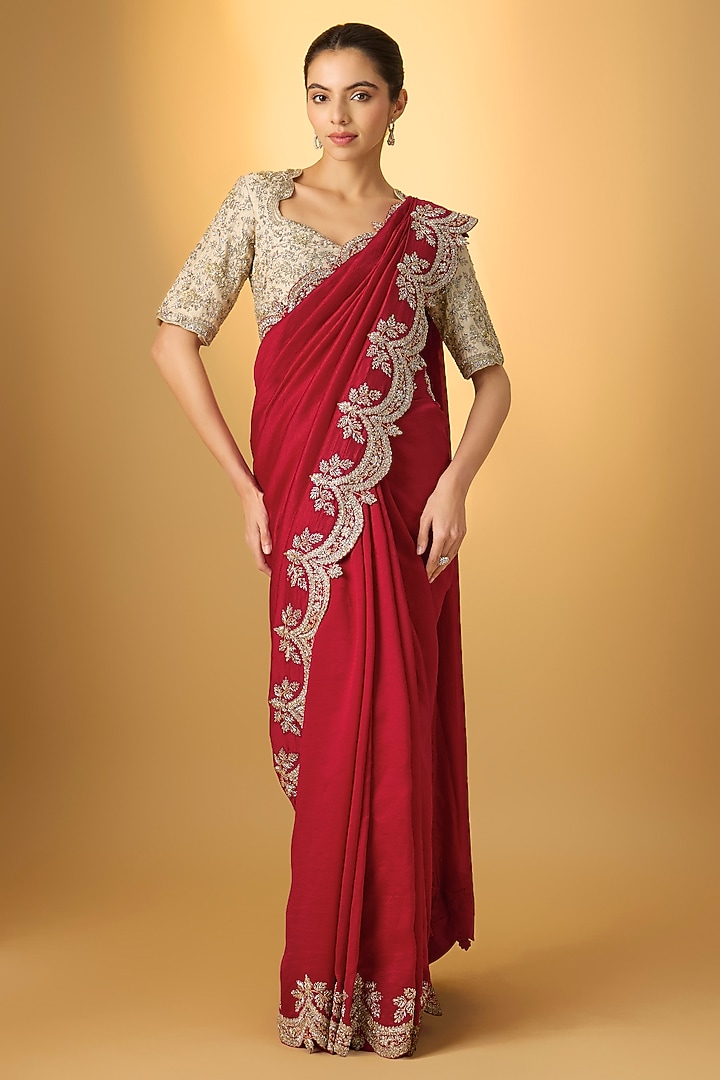 Red Silk Embroidered Bridal Saree Set by Jayanti Reddy at Pernia's Pop Up Shop