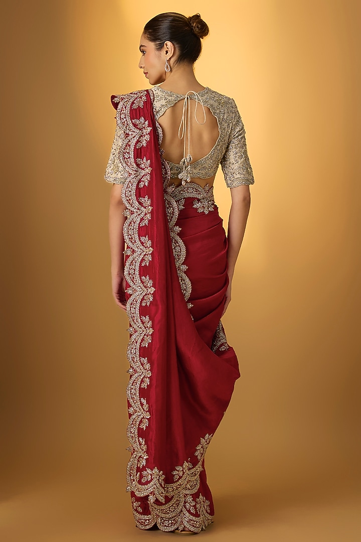 Red Silk Embroidered Bridal Saree Set by Jayanti Reddy at Pernia's Pop Up Shop