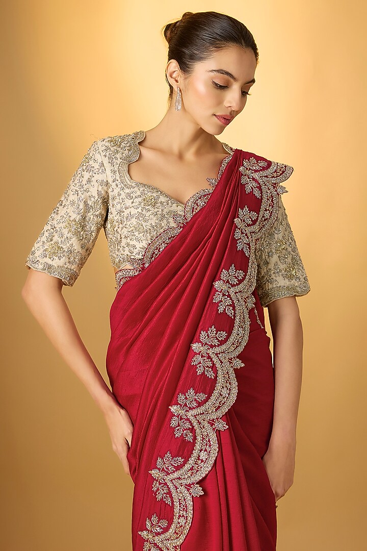 Red Silk Embroidered Bridal Saree Set by Jayanti Reddy at Pernia's Pop Up Shop