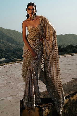 Beige Woven Silk Zardosi Hand Embroidered Saree Set by Jayanti Reddy
