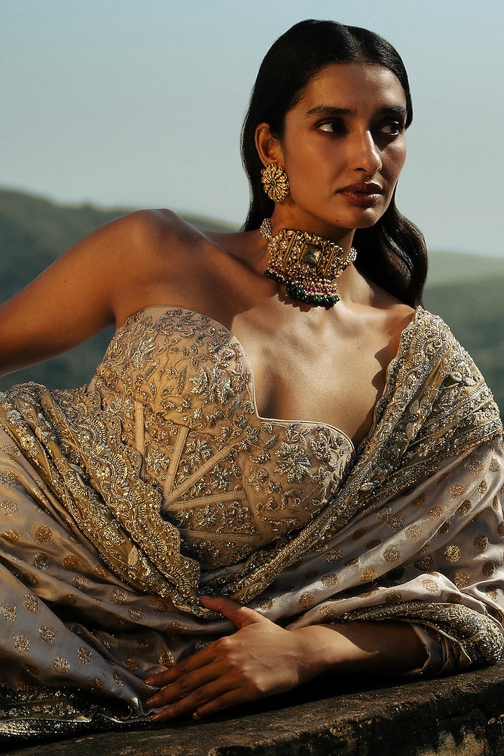 Beige Woven Silk Zardosi Hand Embroidered Bridal Saree Set by Jayanti Reddy at Pernia's Pop Up Shop