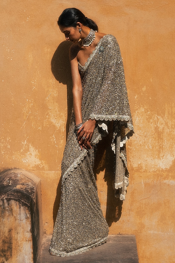 Golden Beige Net Hand Embroidered Bridal Saree Set by Jayanti Reddy at Pernia's Pop Up Shop