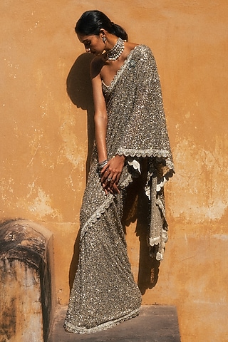 Golden Beige Net Hand Embroidered Saree Set by Jayanti Reddy
