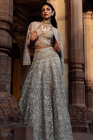 Beige Organza Hand Embroidered Jacket Lehenga Set by Jayanti Reddy
