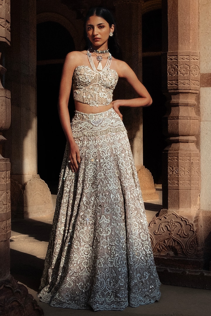 Beige Organza Hand Embroidered Jacket Bridal Lehenga Set by Jayanti Reddy at Pernia's Pop Up Shop