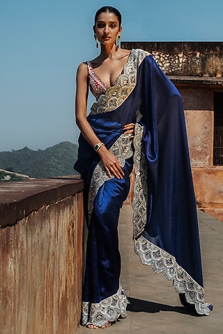 Purple Silk Zardosi Hand Embroidered Saree Set by Jayanti Reddy