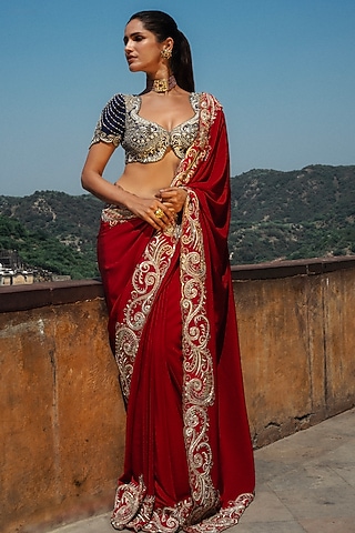 Red Silk Zardosi Hand Embroidered Saree Set by Jayanti Reddy