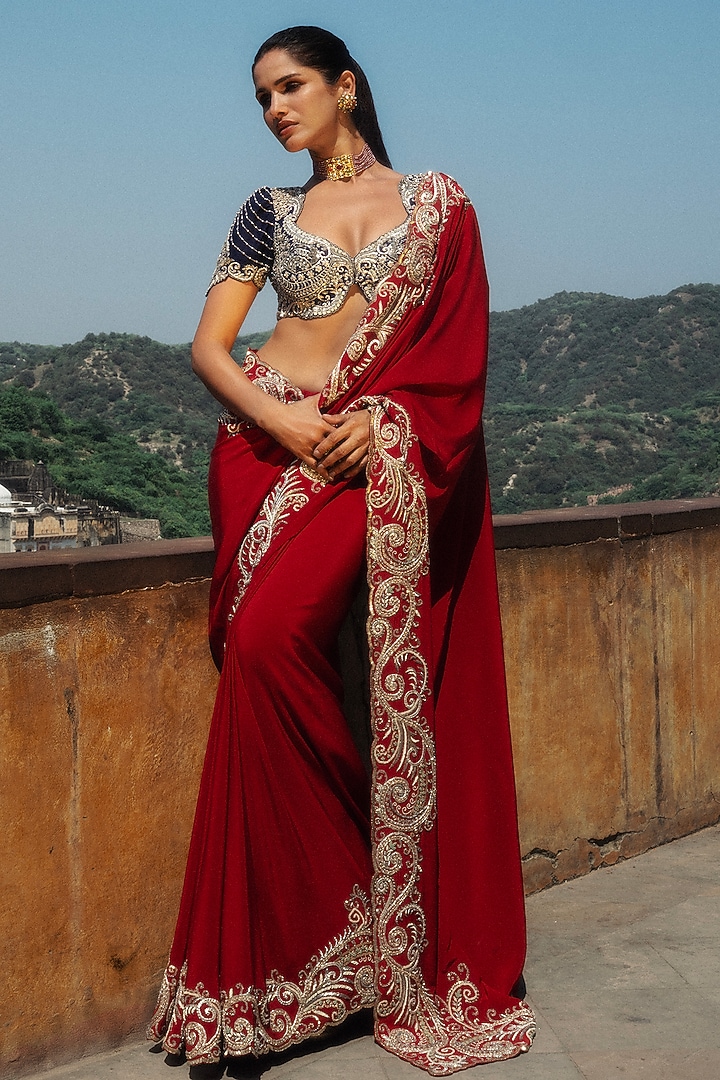 Red Silk Zardosi Hand Embroidered Bridal Saree Set by Jayanti Reddy at Pernia's Pop Up Shop