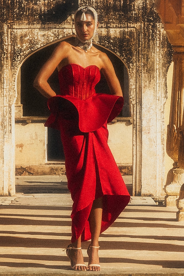 Red Silk Wrapped Skirt Set by Jayanti Reddy at Pernia's Pop Up Shop