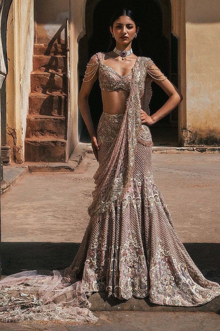 Pastel Pink Net Hand Embroidered Bridal Lehenga Set by Jayanti Reddy at Pernia's Pop Up Shop