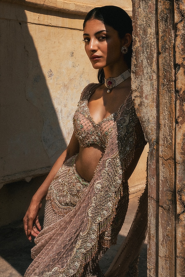 Pastel Pink Net Hand Embroidered Bridal Lehenga Set by Jayanti Reddy at Pernia's Pop Up Shop
