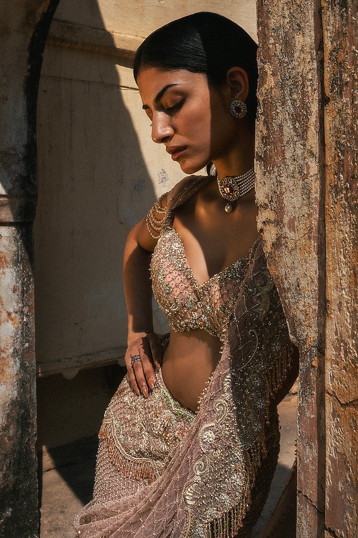 Pastel Pink Net Hand Embroidered Bridal Lehenga Set by Jayanti Reddy at Pernia's Pop Up Shop