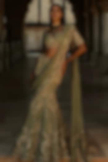Mint Green Net Hand Embroidered Bridal Lehenga Set by Jayanti Reddy at Pernia's Pop Up Shop