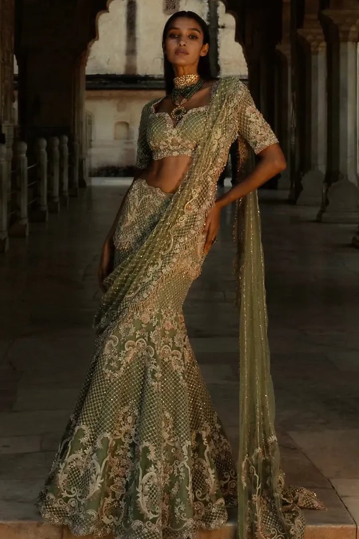 Mint Green Net Hand Embroidered Bridal Lehenga Set by Jayanti Reddy at Pernia's Pop Up Shop