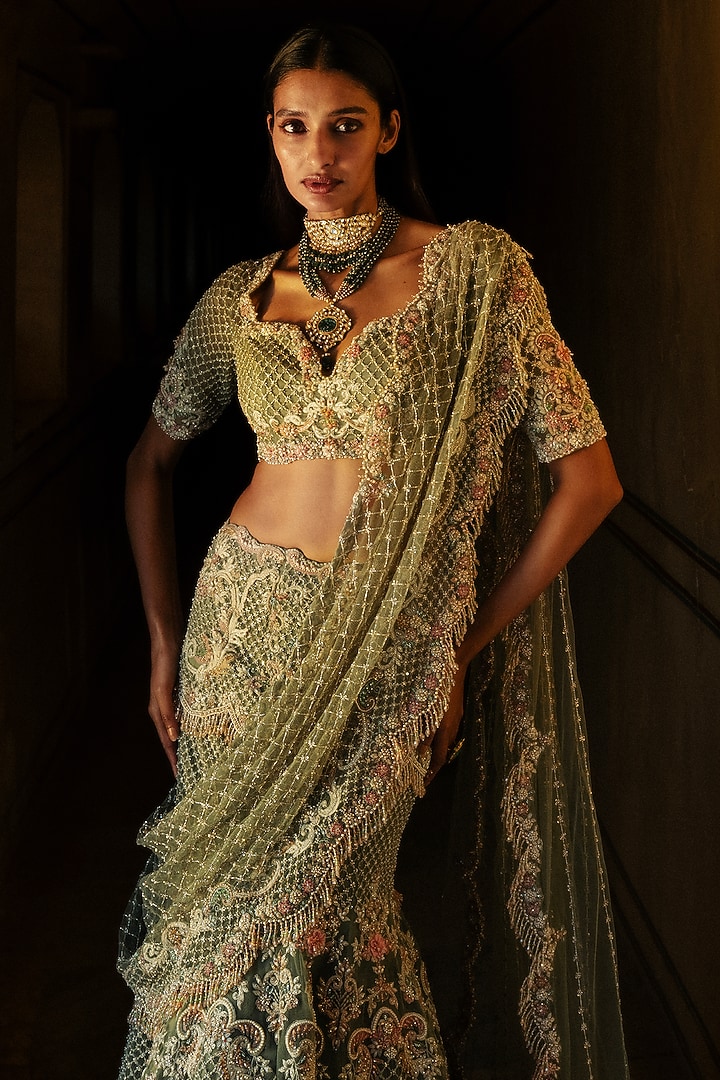 Mint Green Net Hand Embroidered Bridal Lehenga Set by Jayanti Reddy at Pernia's Pop Up Shop