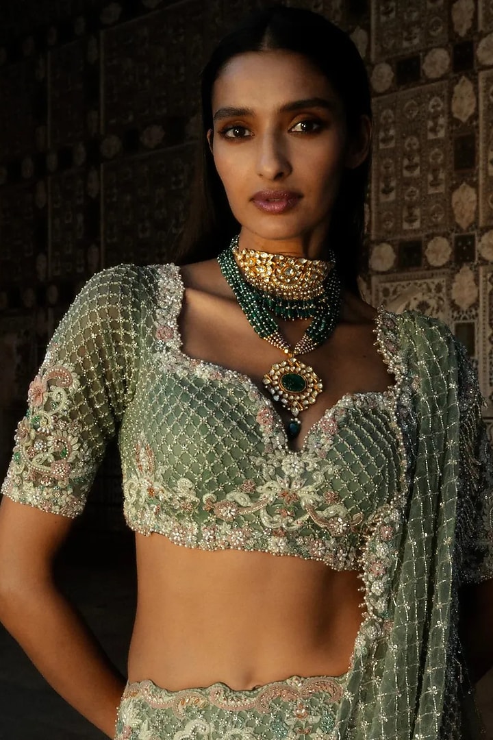 Mint Green Net Hand Embroidered Bridal Lehenga Set by Jayanti Reddy at Pernia's Pop Up Shop