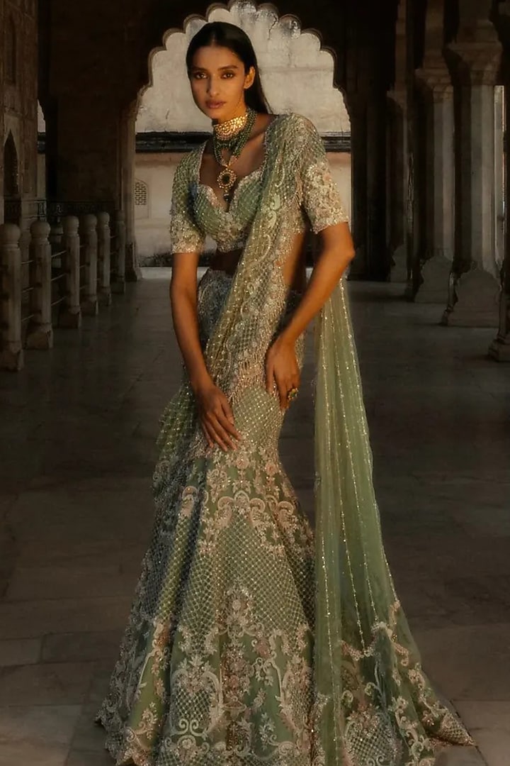 Mint Green Net Hand Embroidered Bridal Lehenga Set by Jayanti Reddy at Pernia's Pop Up Shop