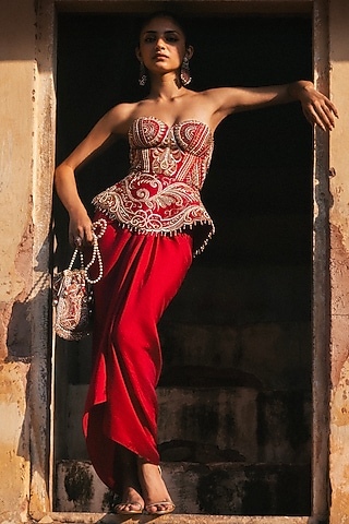 Pink Raw Silk Wrapped Skirt Set by Jayanti Reddy