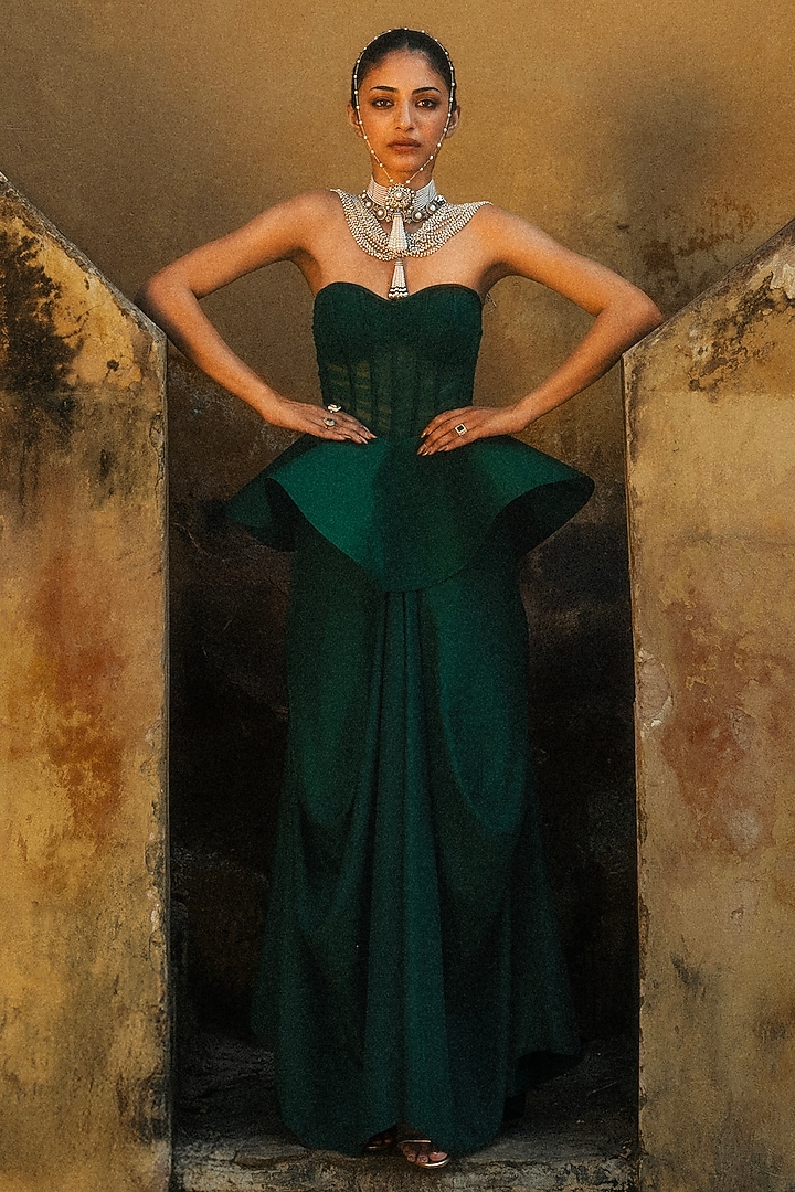 Green Silk Cowl Skirt Set by Jayanti Reddy at Pernia's Pop Up Shop