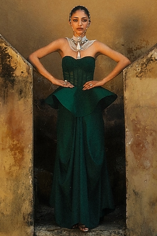Green Silk Cowl Skirt Set by Jayanti Reddy