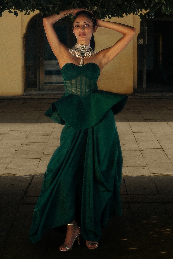 Green Silk Cowl Skirt Set by Jayanti Reddy at Pernia's Pop Up Shop