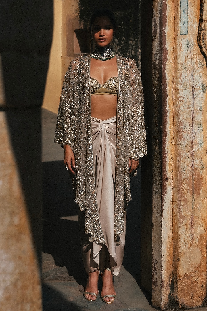 Golden Beige Net Hand Embroidered Skirt Set by Jayanti Reddy at Pernia's Pop Up Shop