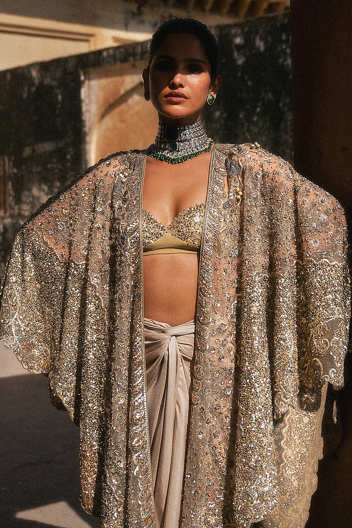 Golden Beige Net Hand Embroidered Skirt Set by Jayanti Reddy at Pernia's Pop Up Shop
