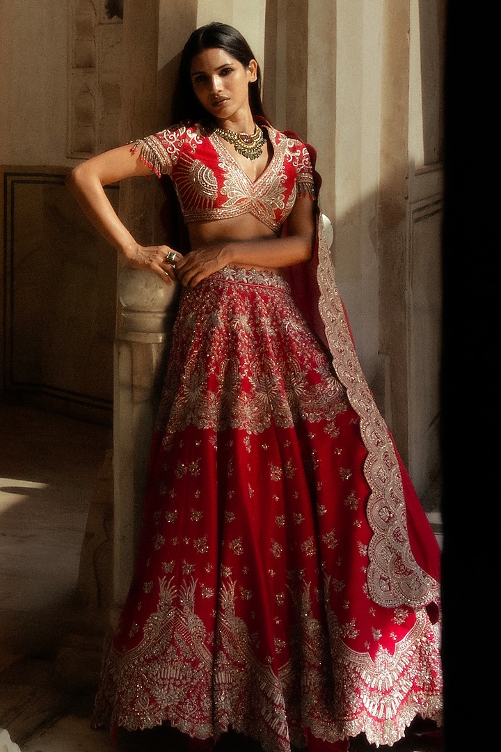 Pink Raw Silk Hand Embroidered Bridal Lehenga Set by Jayanti Reddy at Pernia's Pop Up Shop