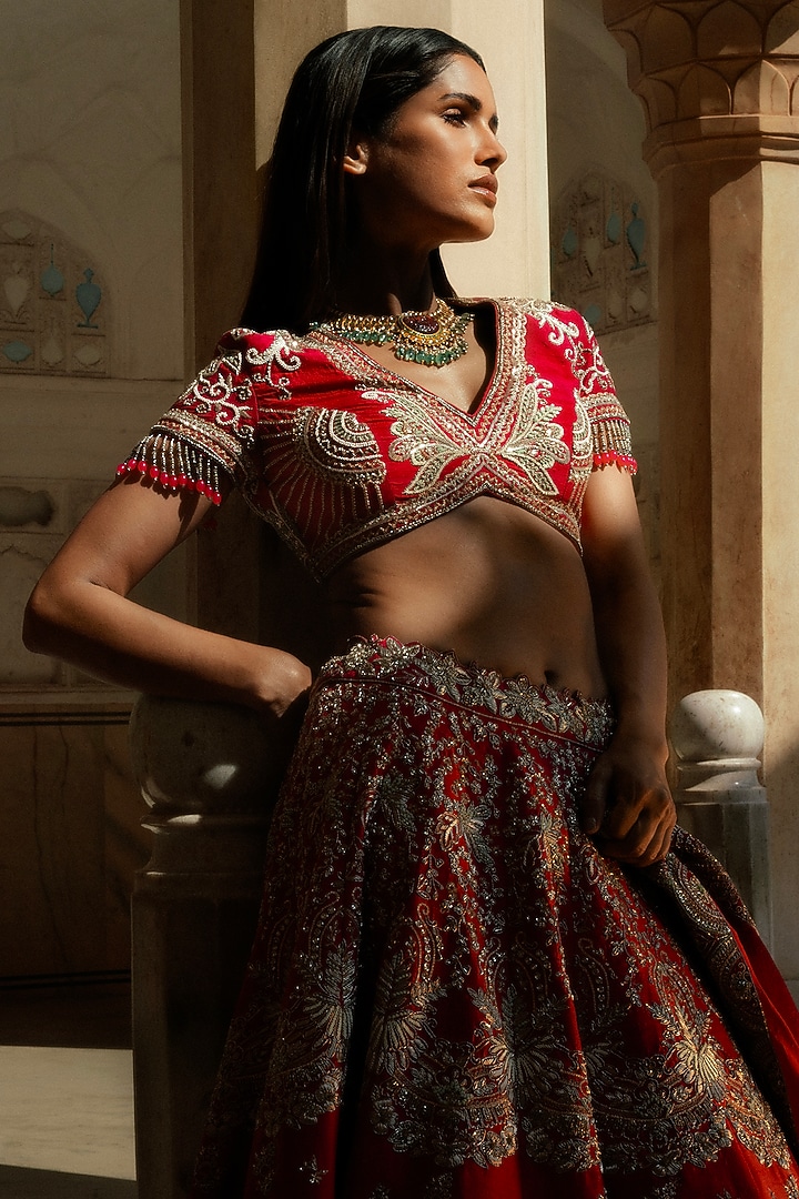 Pink Raw Silk Hand Embroidered Bridal Lehenga Set by Jayanti Reddy at Pernia's Pop Up Shop