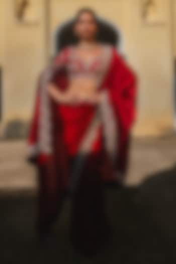 Red Silk Hand Embroidered Bridal Saree Set by Jayanti Reddy at Pernia's Pop Up Shop