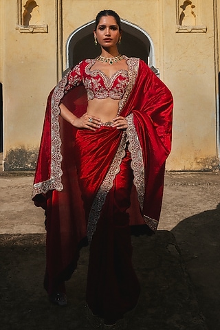 Red Silk Hand Embroidered Saree Set by Jayanti Reddy