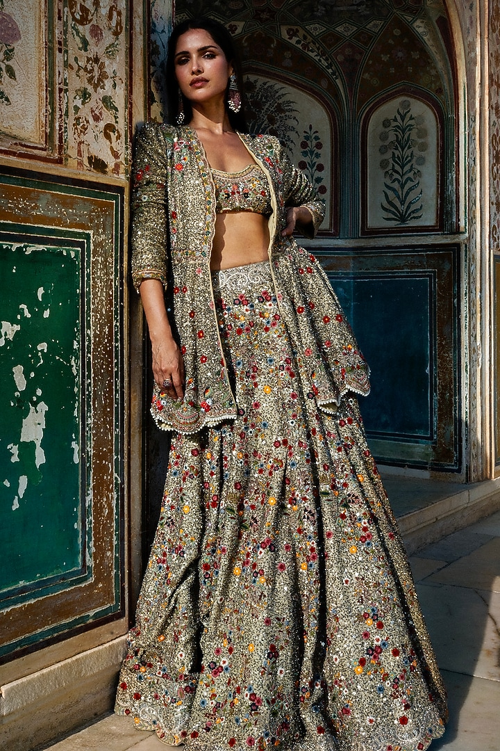 Beige Georgette Hand Embroidered Jacket Bridal Lehenga Set by Jayanti Reddy at Pernia's Pop Up Shop