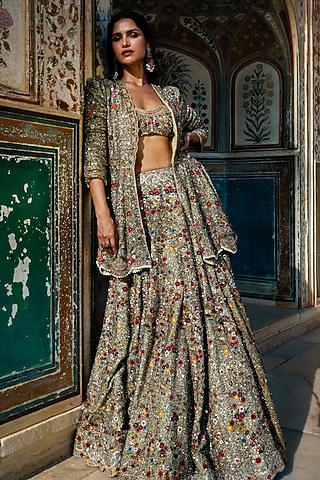Beige Georgette Hand Embroidered Jacket Lehenga Set by Jayanti Reddy