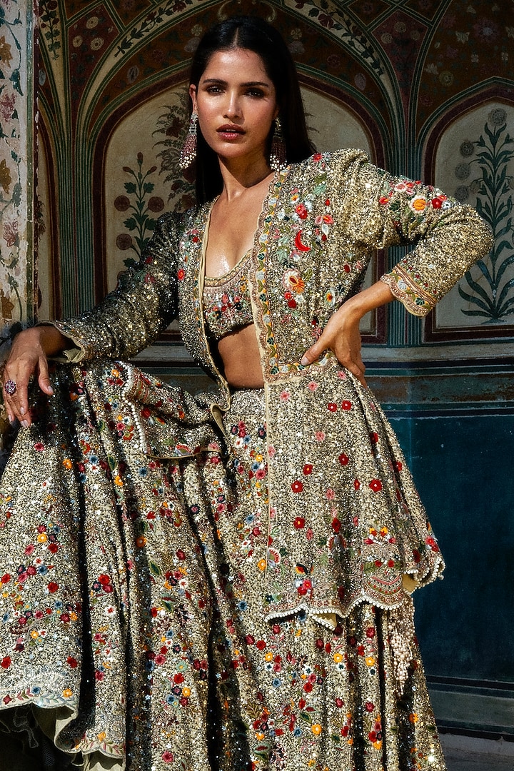 Beige Georgette Hand Embroidered Jacket Bridal Lehenga Set by Jayanti Reddy at Pernia's Pop Up Shop