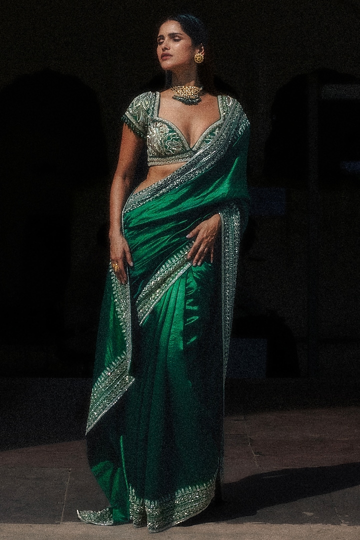 Green Silk Zardosi Hand Embroidered Bridal Saree Set by Jayanti Reddy at Pernia's Pop Up Shop