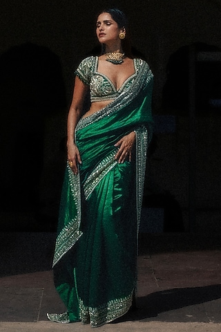 Green Silk Zardosi Hand Embroidered Saree Set by Jayanti Reddy
