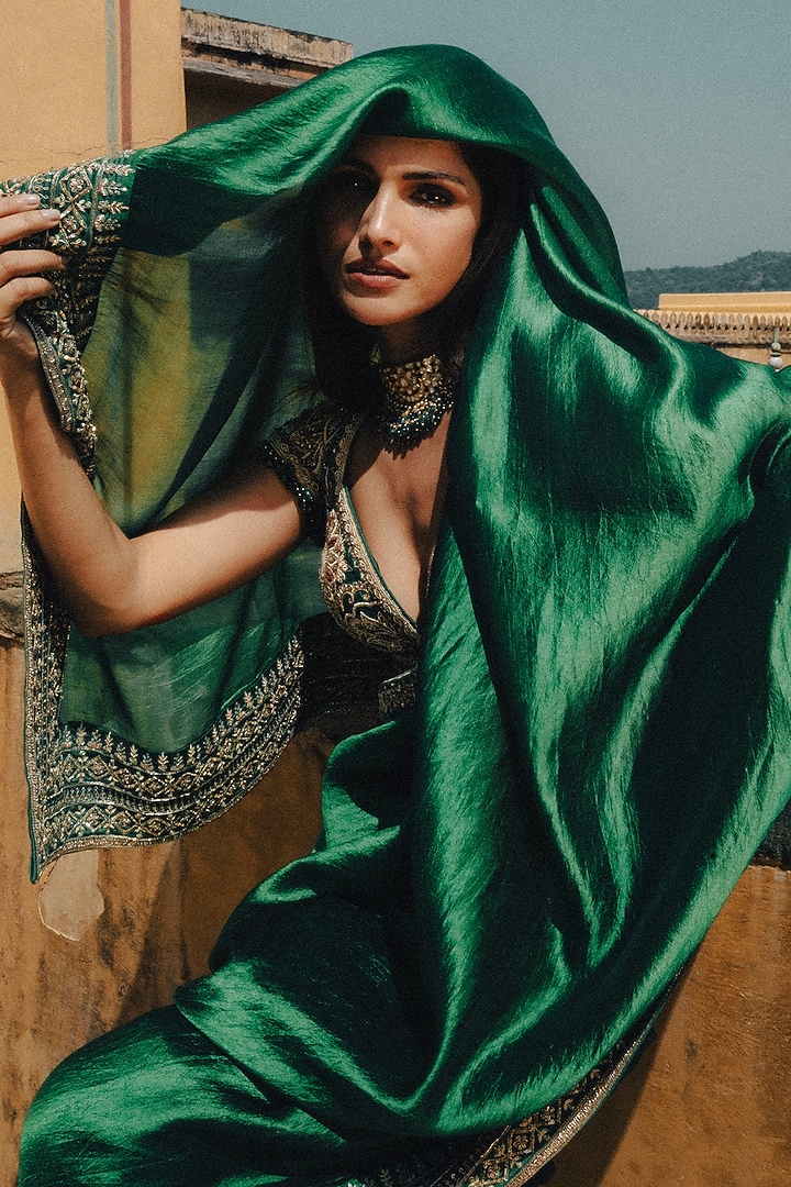 Green Silk Zardosi Hand Embroidered Bridal Saree Set by Jayanti Reddy at Pernia's Pop Up Shop