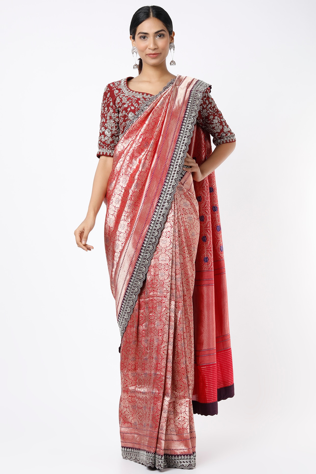 Buy HOUSE OF BEGUM Red Katan Silk With Silver Zari Work with Blouse Piece |  Shoppers Stop